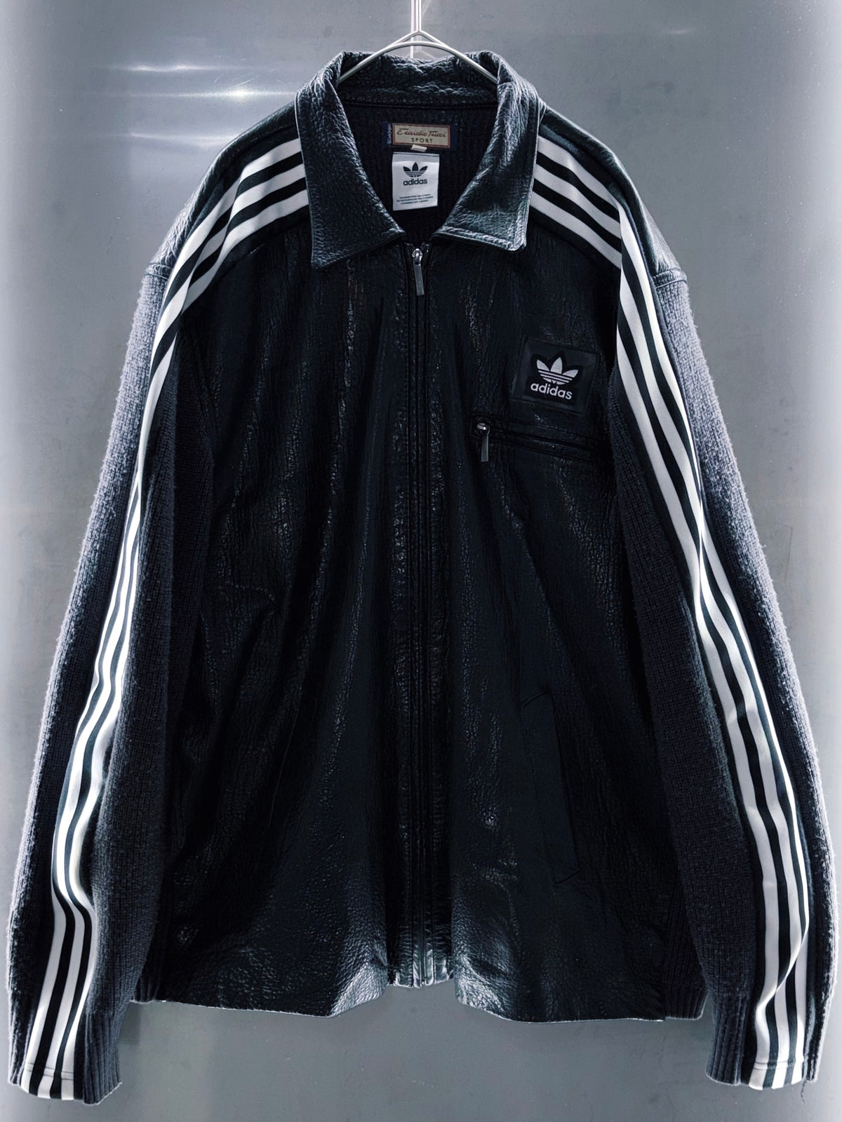 special “original re:make” vintage adidas × vintage leather knit sleeve collared leather jacket three stripes edition