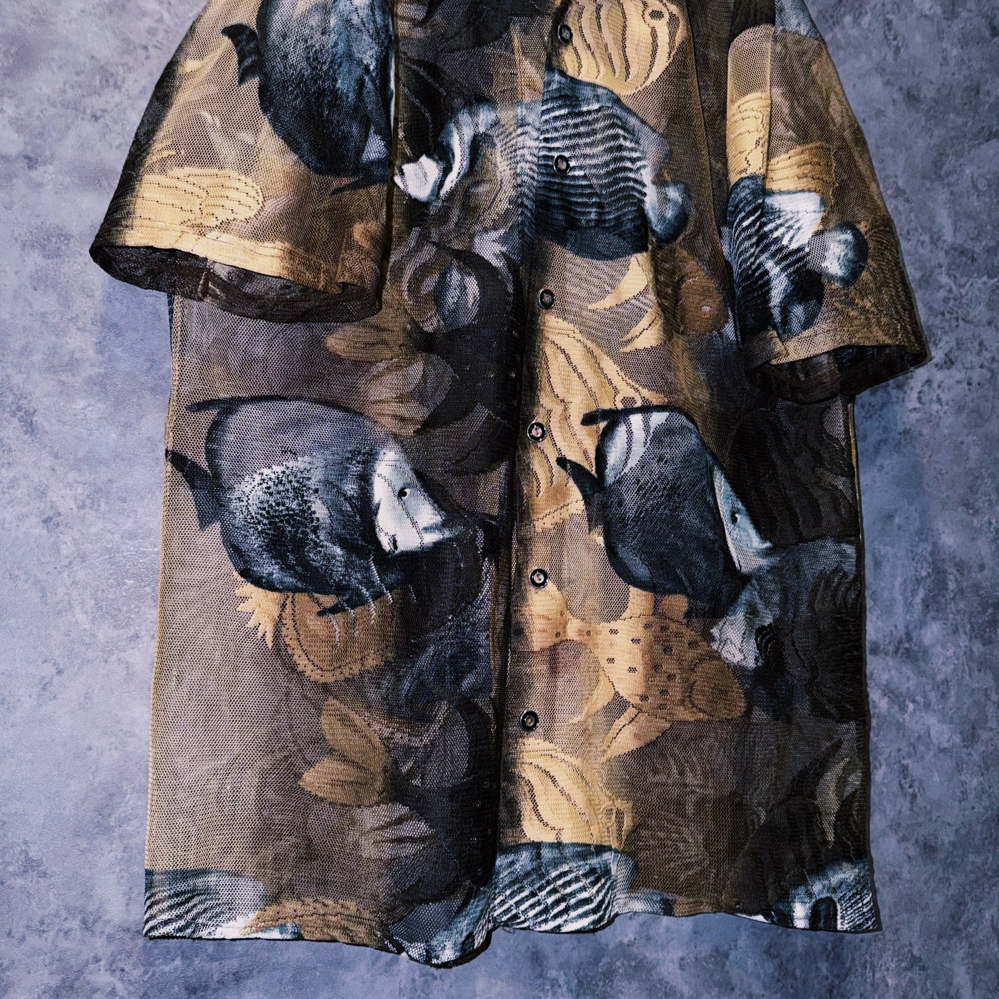 【doppio】vintage fishes print design open collar sheer shirt