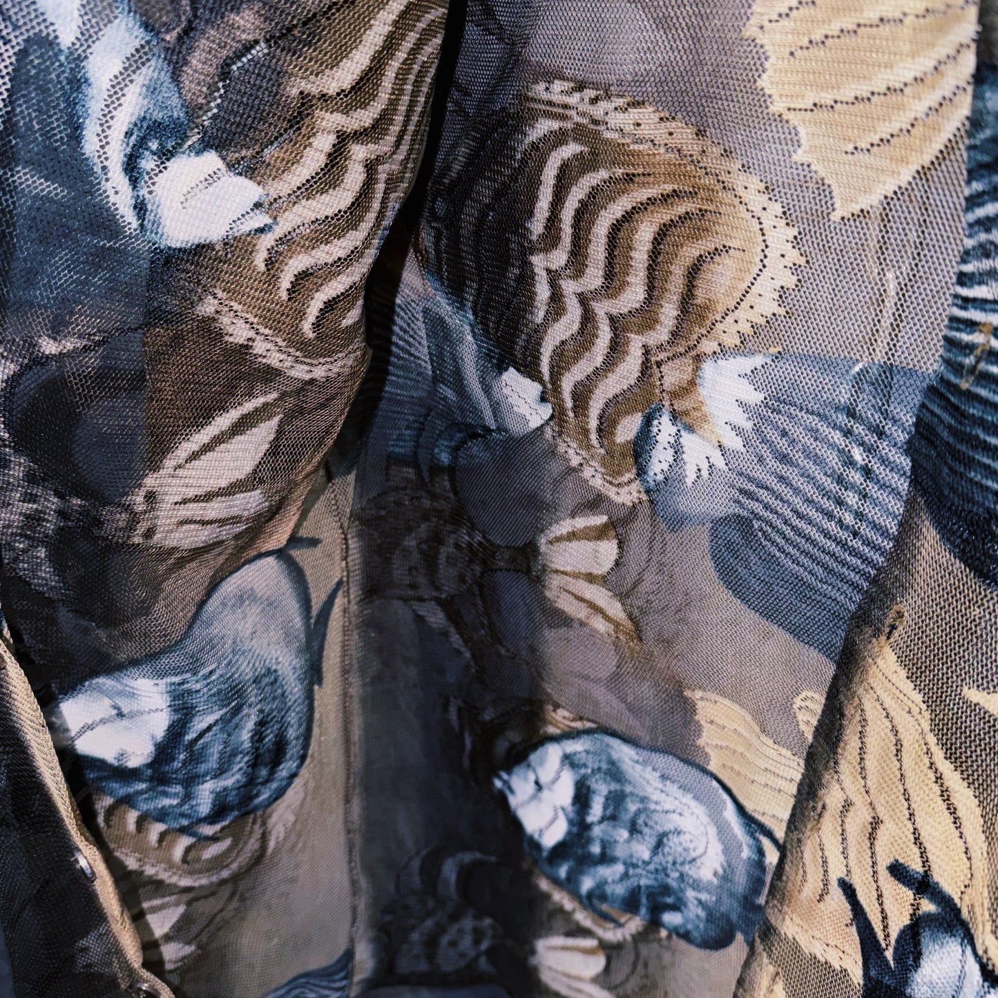 【doppio】vintage fishes print design open collar sheer shirt