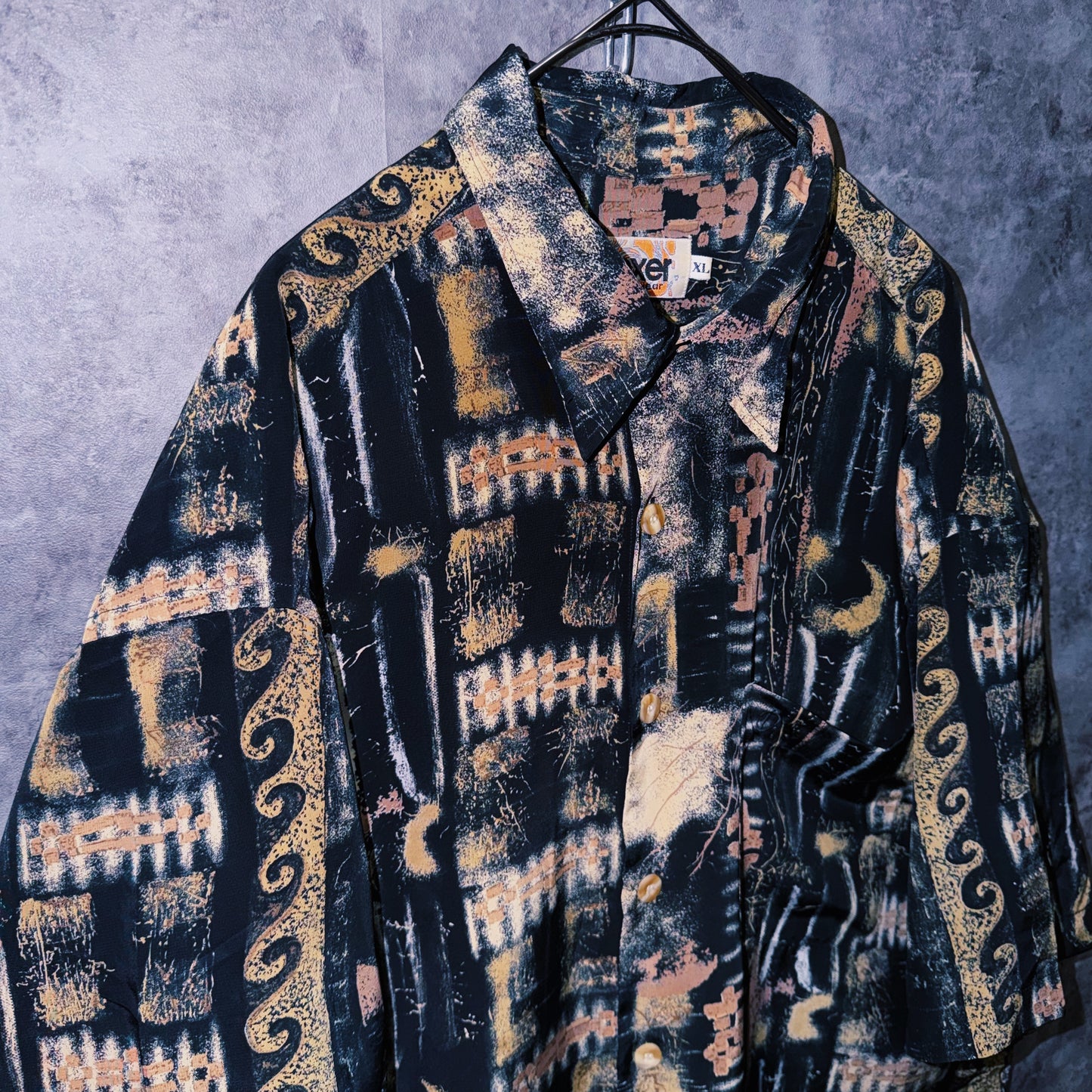 【doppio】vintage ethnic pattern print design open collar shirt