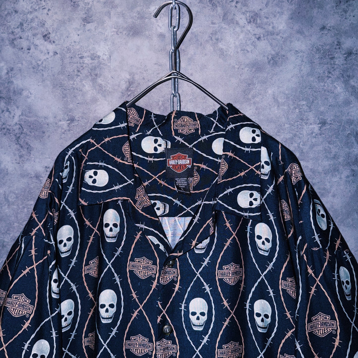 【doppio】vintage “Harley-Davidson” skull and spike print design open collar shirt