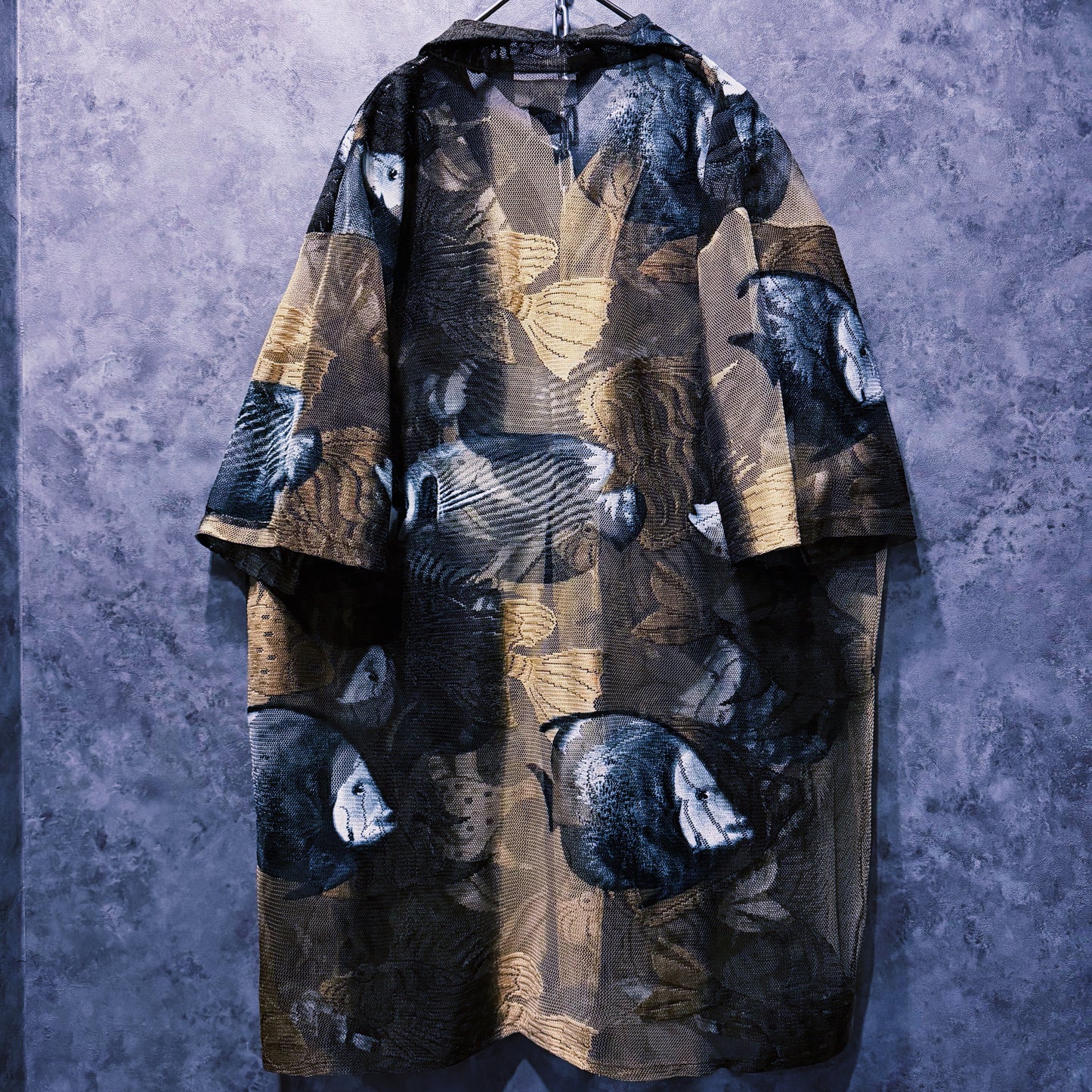 【doppio】vintage fishes print design open collar sheer shirt