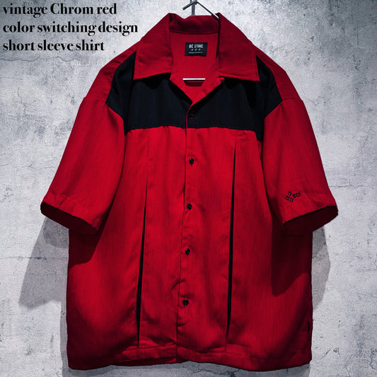 vintage Chrom red color switching design short sleeve shirt