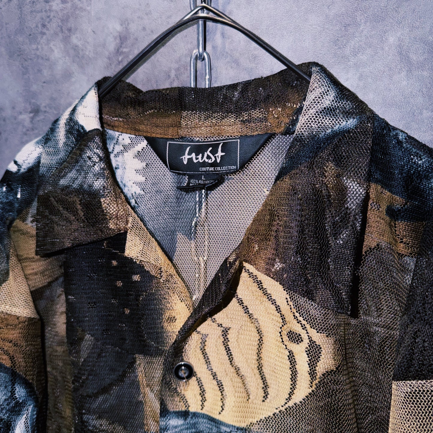 【doppio】vintage fishes print design open collar sheer shirt