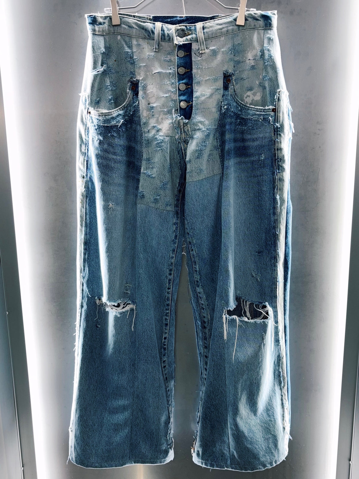 "Yuumu Abe" Multi Layered Crash Docking Vintage Light Blue Wide Denim Pants