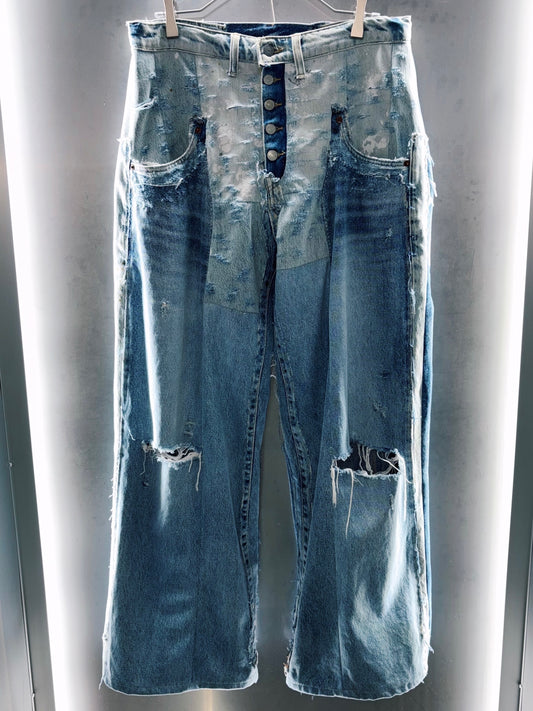 "Yuumu Abe" Multi Layered Crash Docking Vintage Light Blue Wide Denim Pants