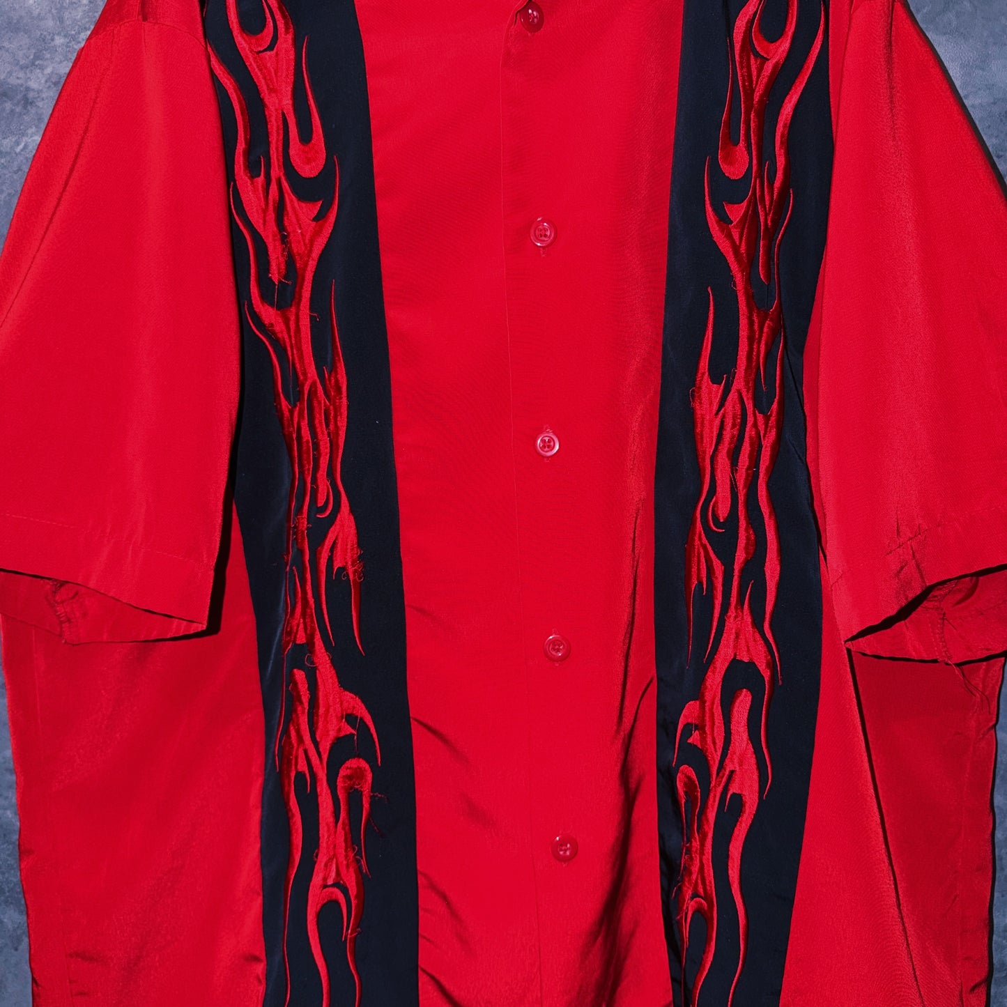 【doppio】vintage fire pattern embroidery design open collar shirt