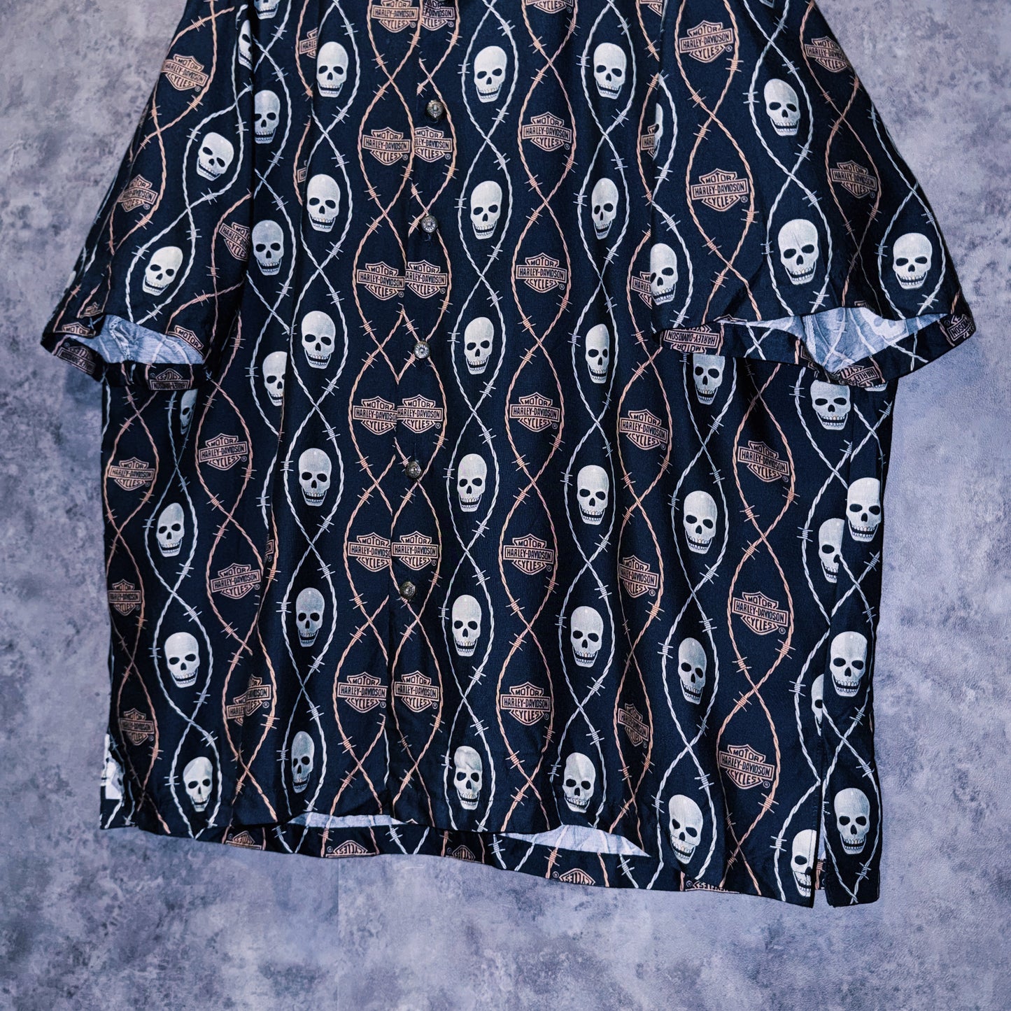 【doppio】vintage “Harley-Davidson” skull and spike print design open collar shirt