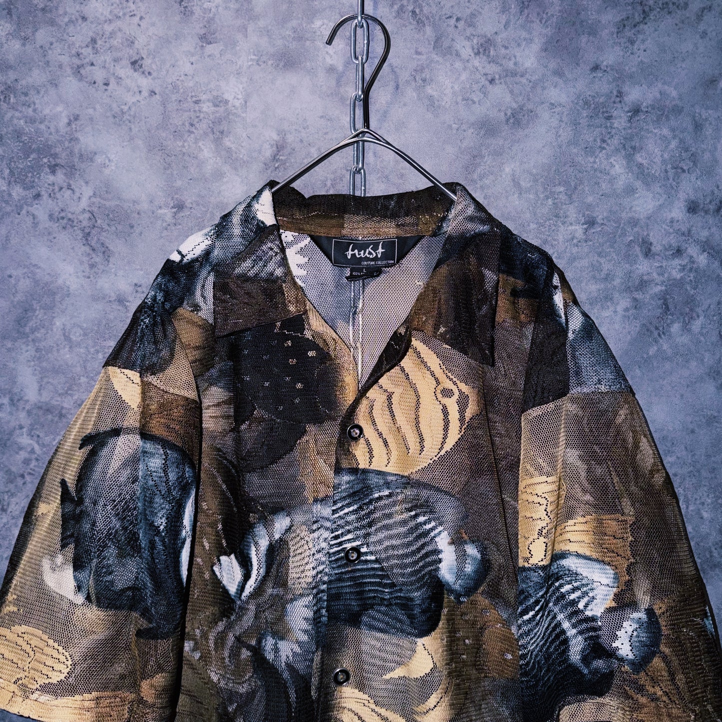 【doppio】vintage fishes print design open collar sheer shirt