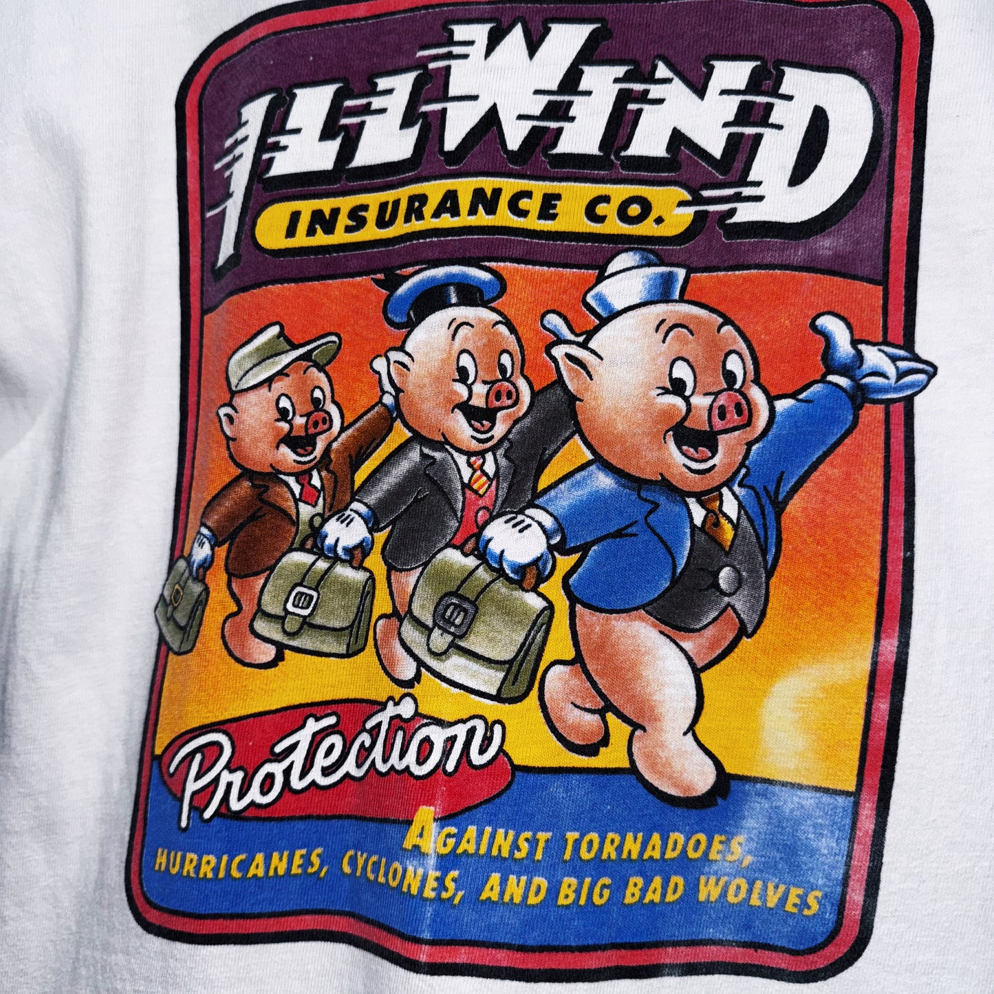 "The Three Little Pigs"ILL WIND INSURANCE co. graphic print design T shirt