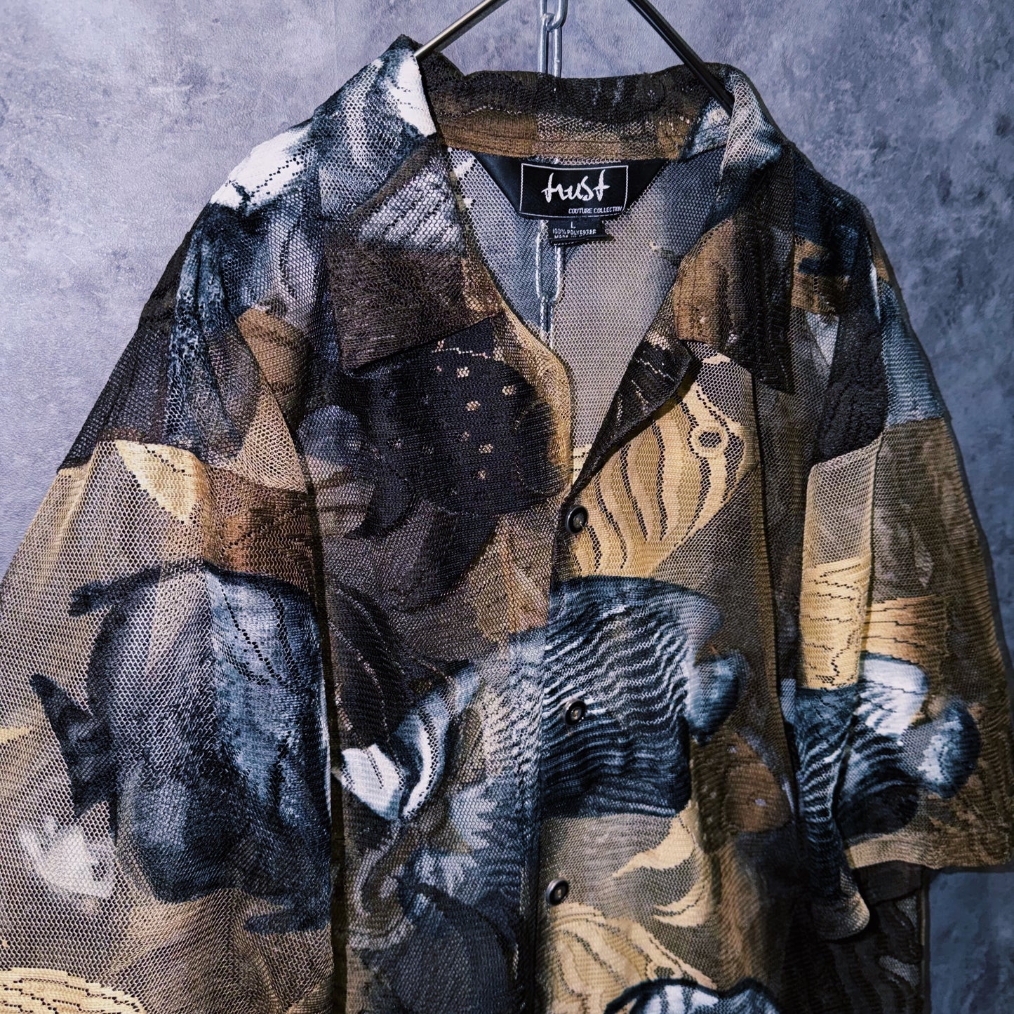 【doppio】vintage fishes print design open collar sheer shirt