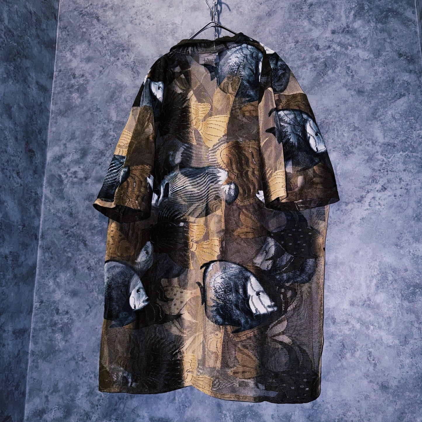 【doppio】vintage fishes print design open collar sheer shirt