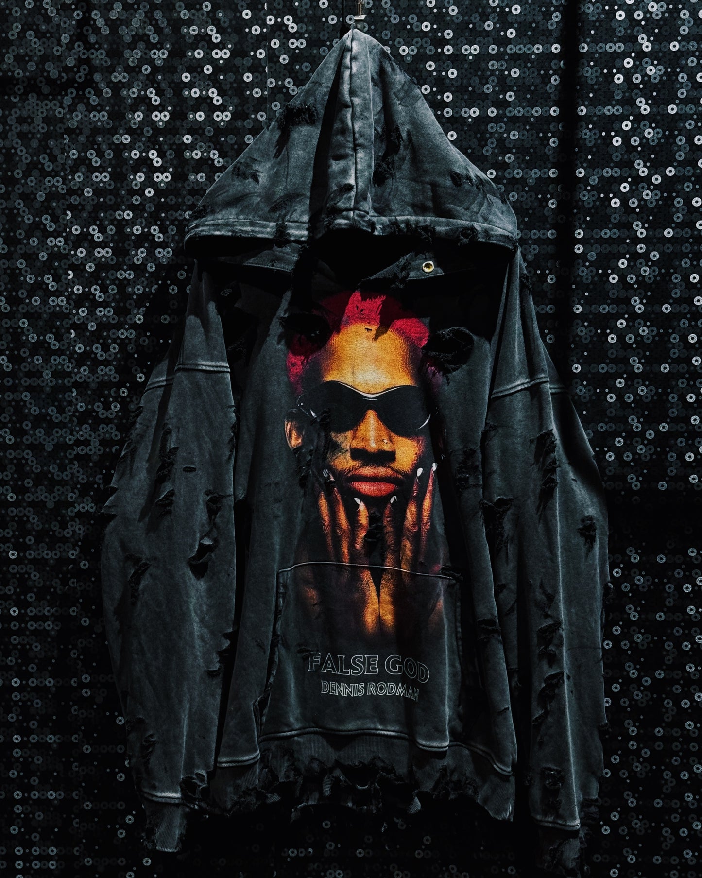 ￼【ÆIEM】original “boro” remake Dennis Rodman “FALSE GOD” Destroy Pullover hoodie