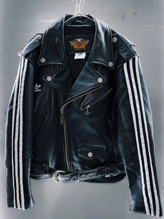 special "original re:meke" vintage "adidas"x vintage double riders leather jacket three strip edition