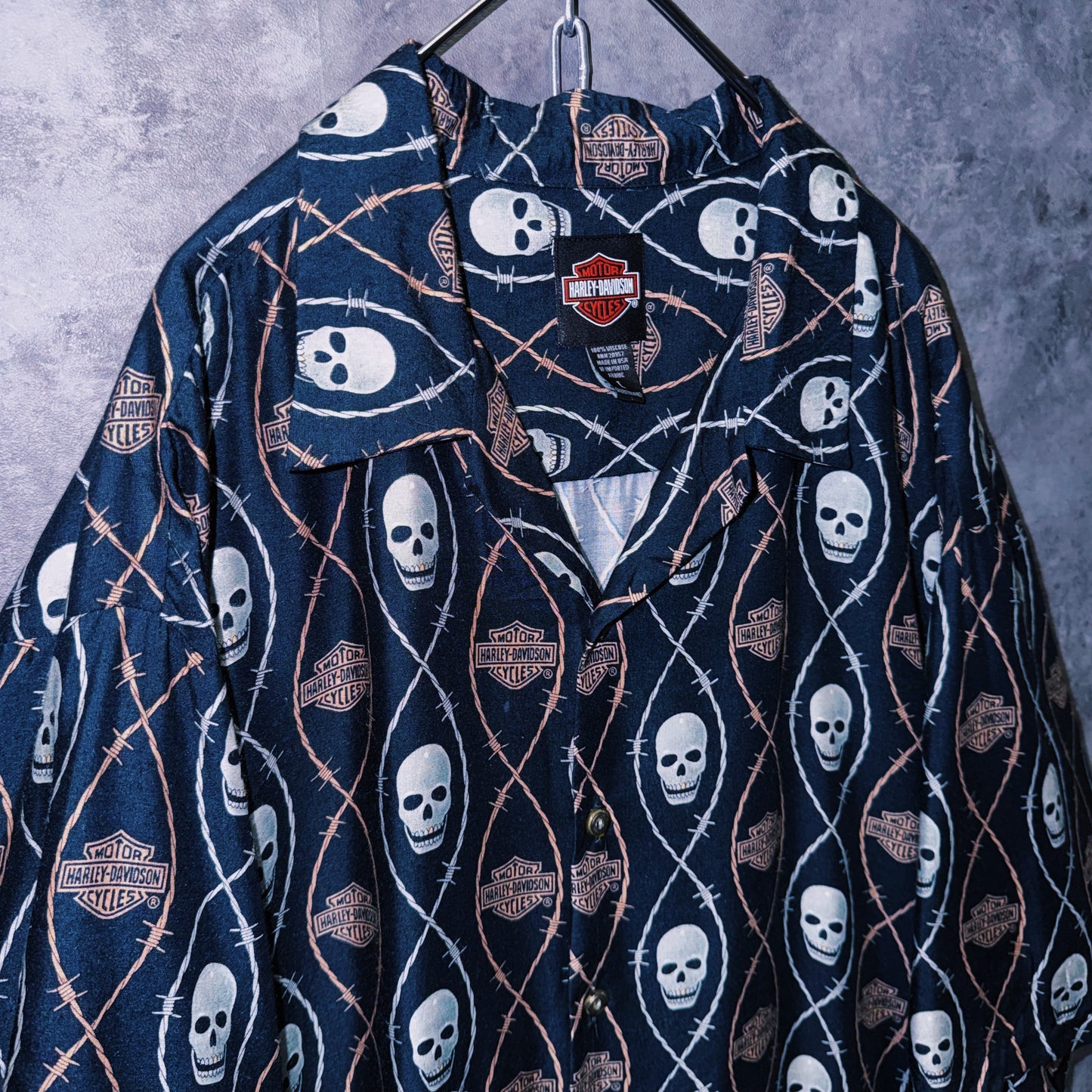 【doppio】vintage “Harley-Davidson” skull and spike print design open collar shirt