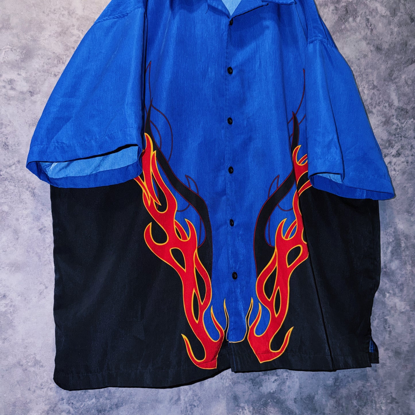 【doppio】vintage fire pattern print design open collar shirt