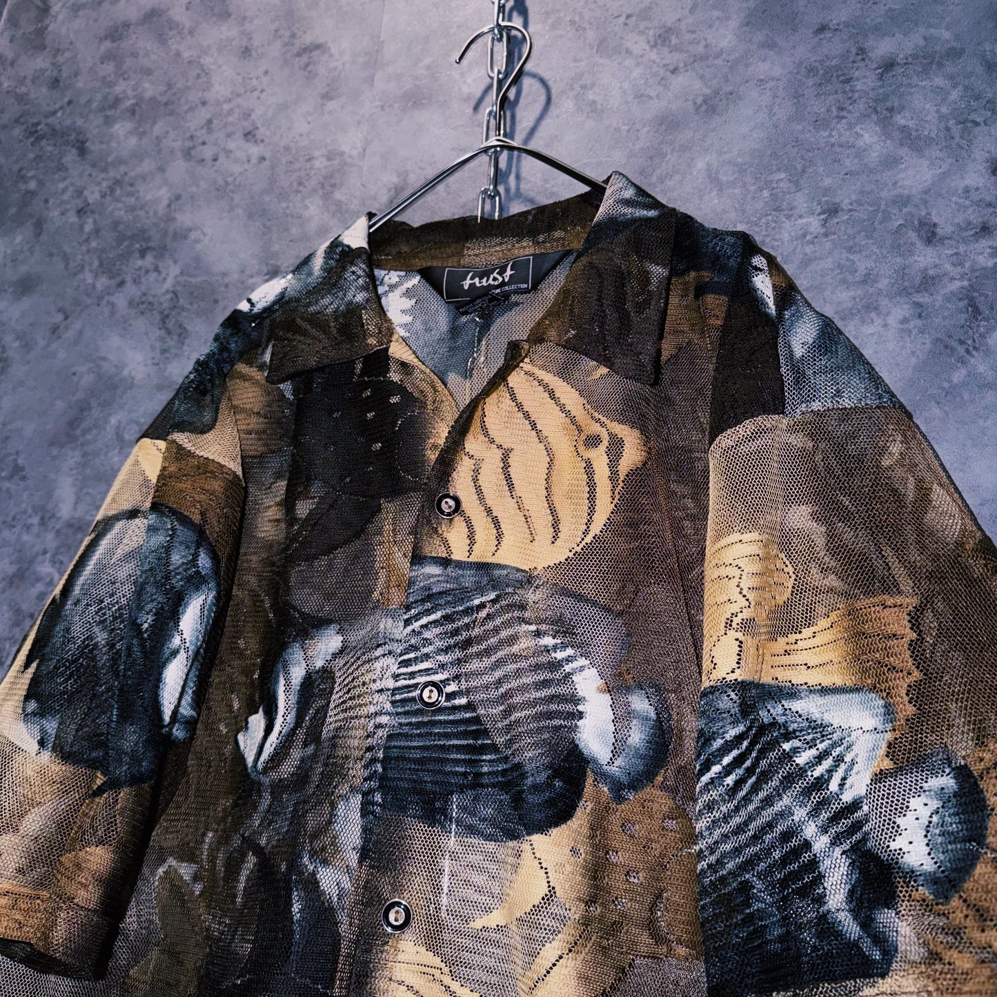 【doppio】vintage fishes print design open collar sheer shirt