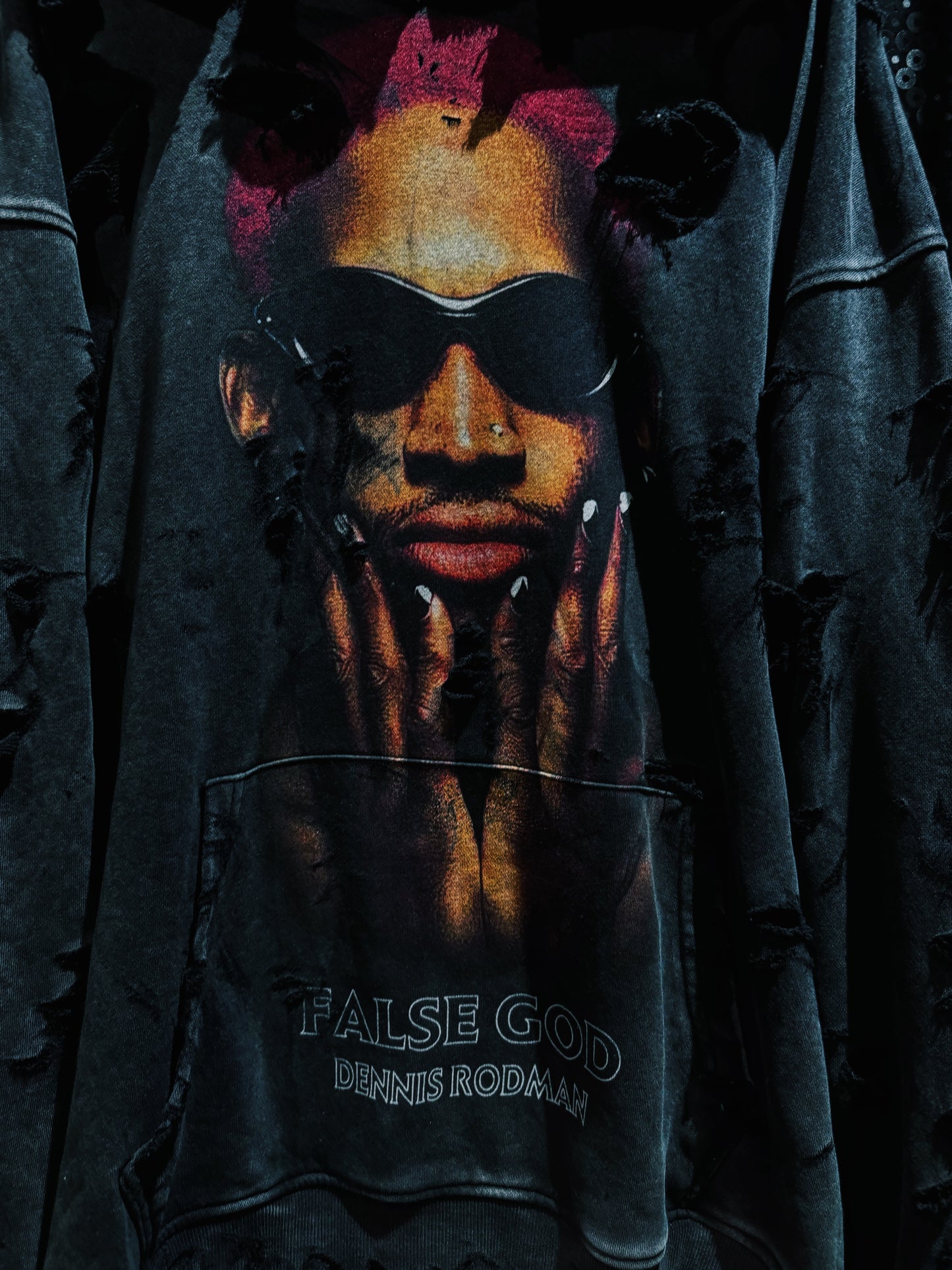 ￼【ÆIEM】original “boro” remake Dennis Rodman “FALSE GOD” Destroy Pullover hoodie