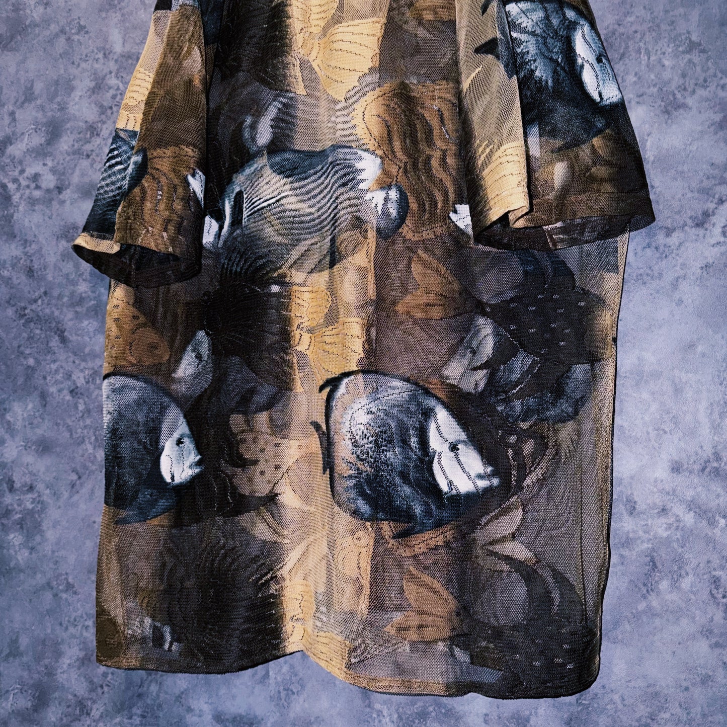 【doppio】vintage fishes print design open collar sheer shirt