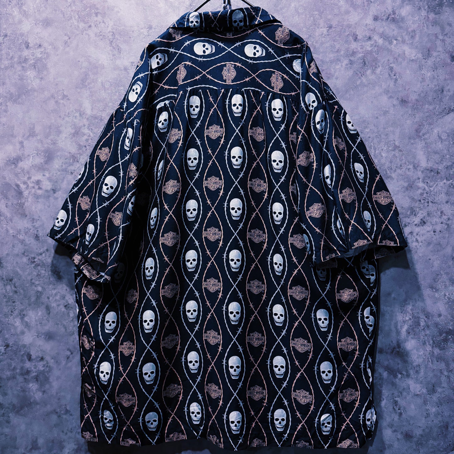 【doppio】vintage “Harley-Davidson” skull and spike print design open collar shirt