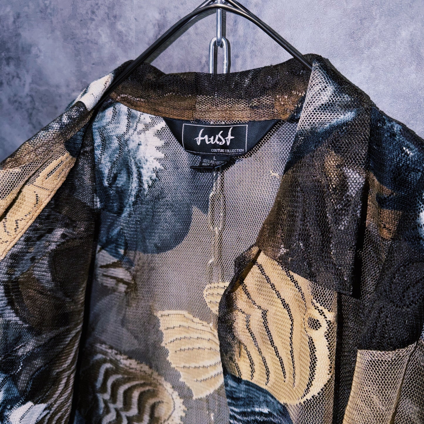【doppio】vintage fishes print design open collar sheer shirt