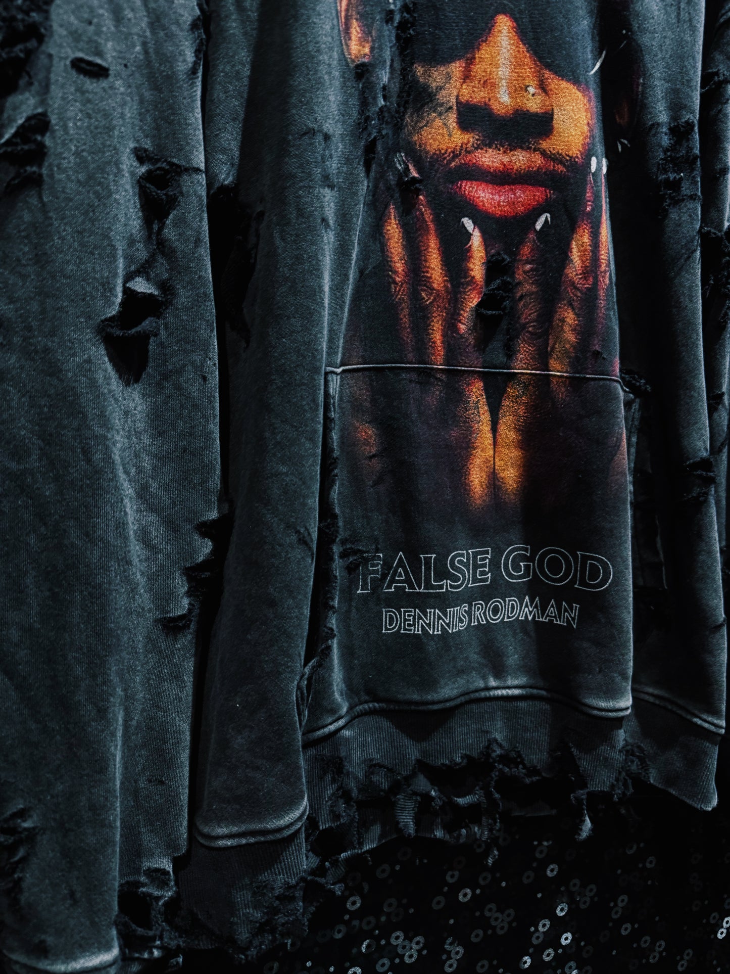 ￼【ÆIEM】original “boro” remake Dennis Rodman “FALSE GOD” Destroy Pullover hoodie
