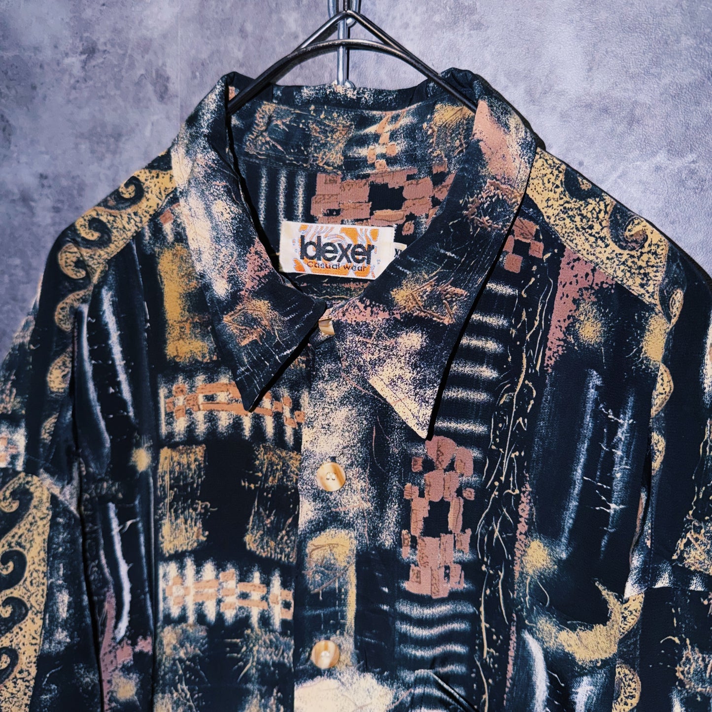 【doppio】vintage ethnic pattern print design open collar shirt