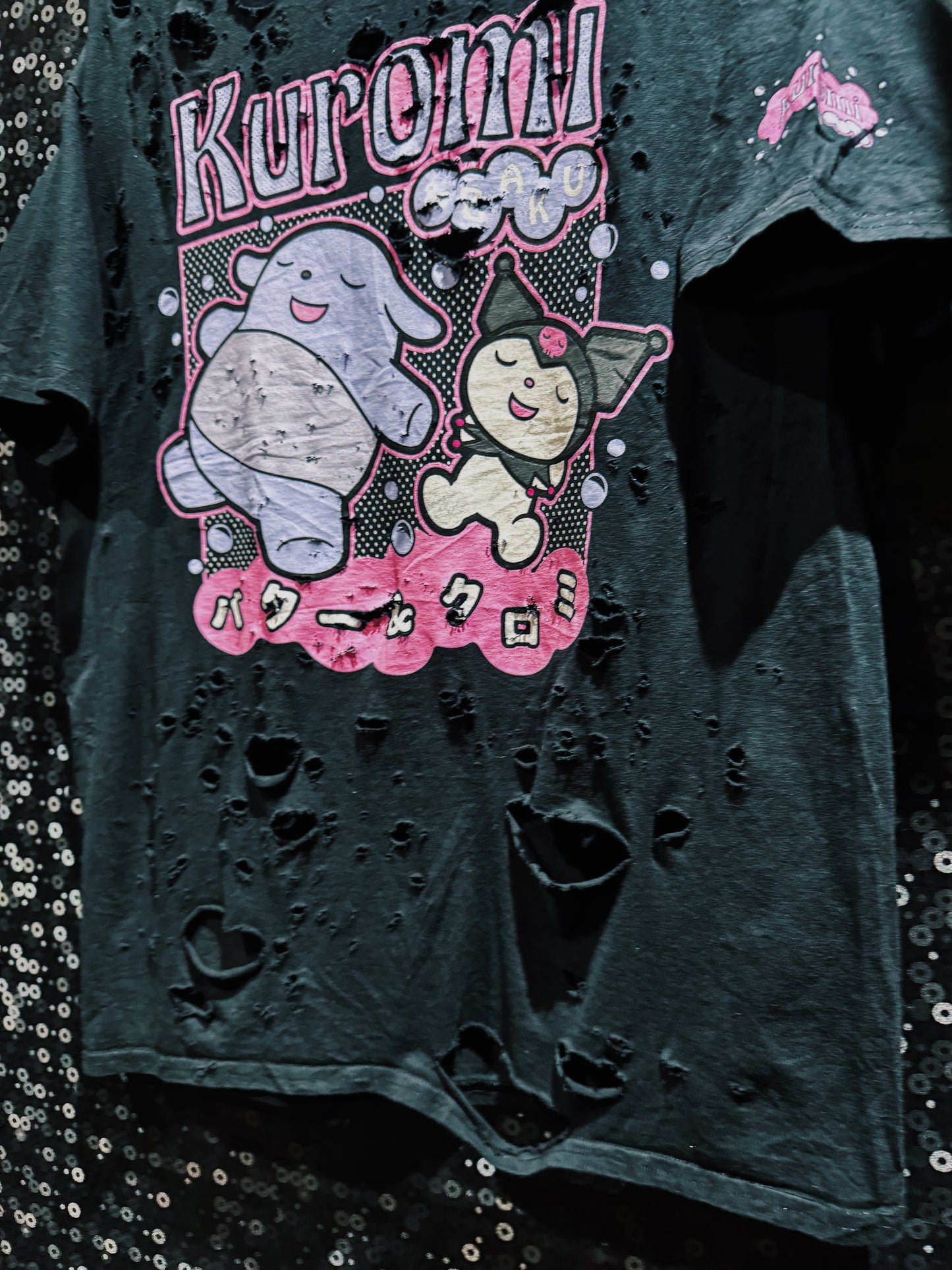 【ÆIEM】original “boro” remake Kuromi Natural Damage T-shirt