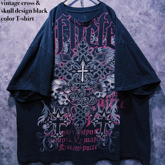 【doppio】vintage cross & skull design black color T-shirt