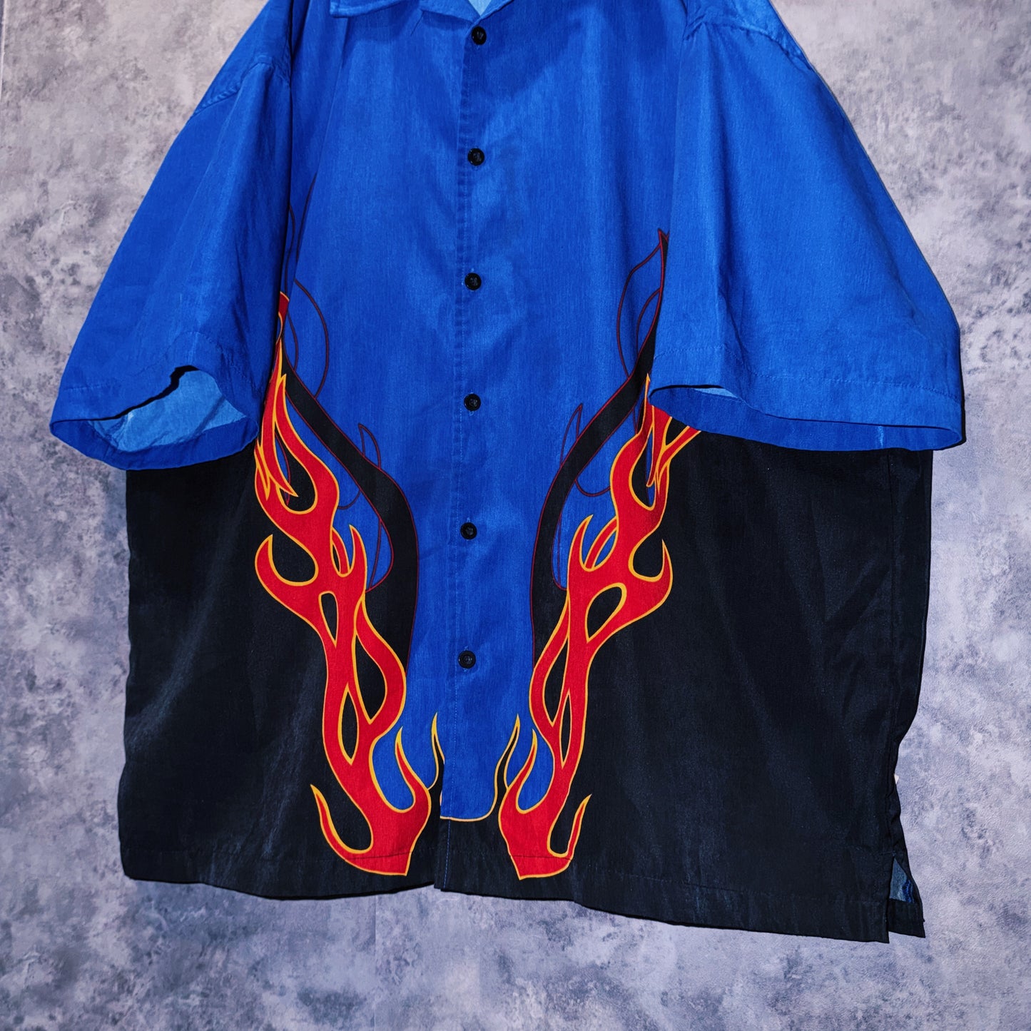 【doppio】vintage fire pattern print design open collar shirt