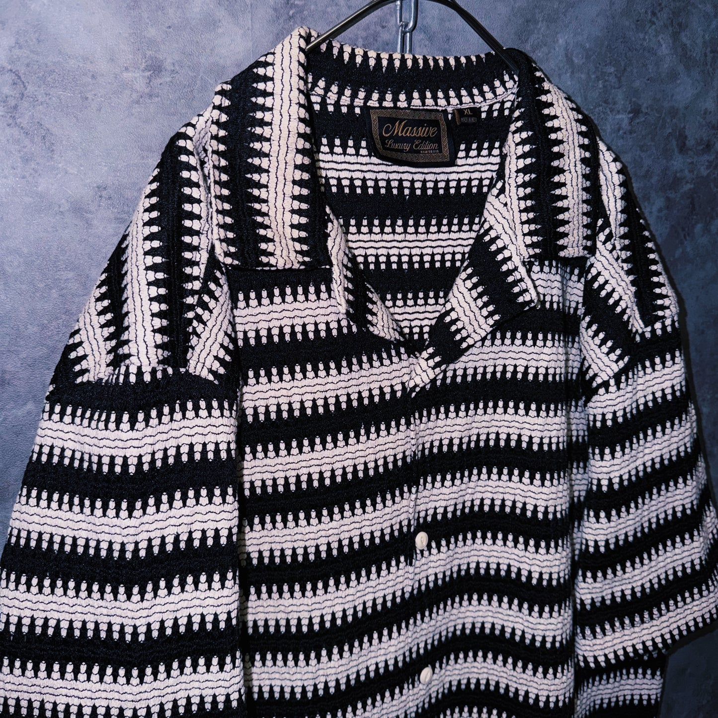 【doppio】vintage wave border design open collar shirt