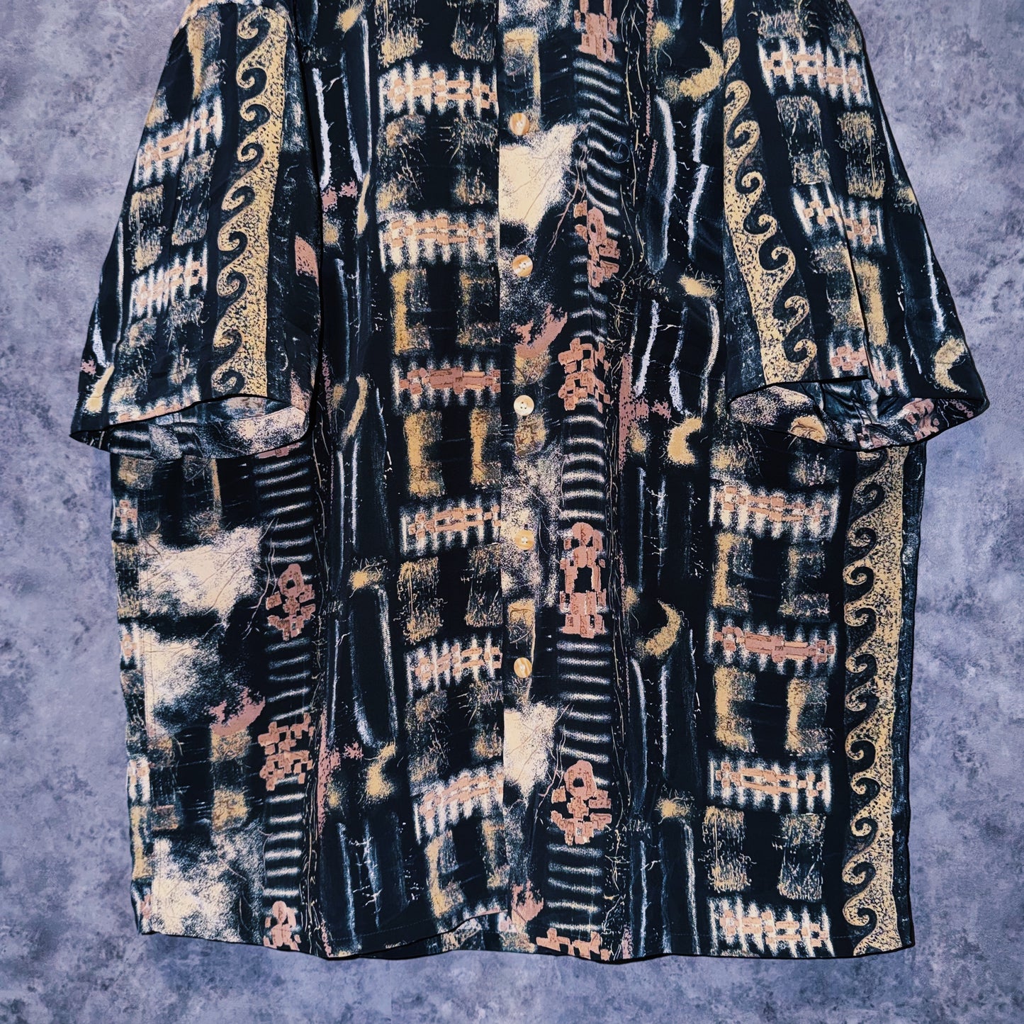 【doppio】vintage ethnic pattern print design open collar shirt