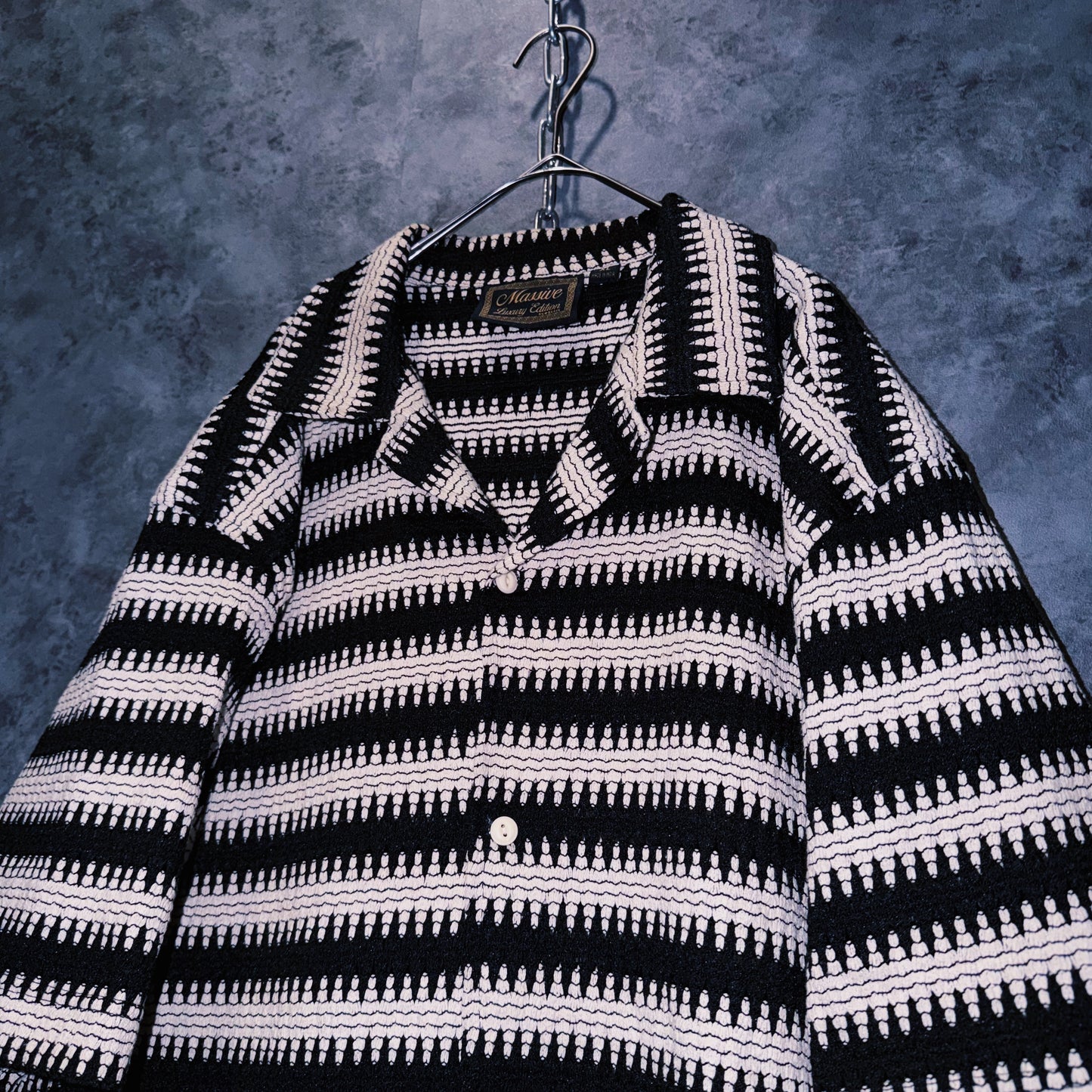 【doppio】vintage wave border design open collar shirt