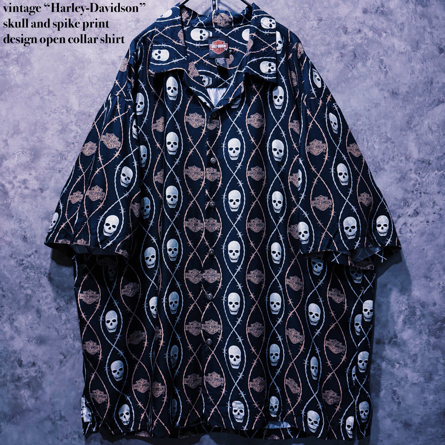 【doppio】vintage “Harley-Davidson” skull and spike print design open collar shirt