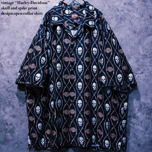 【doppio】vintage “Harley-Davidson” skull and spike print design open collar shirt
