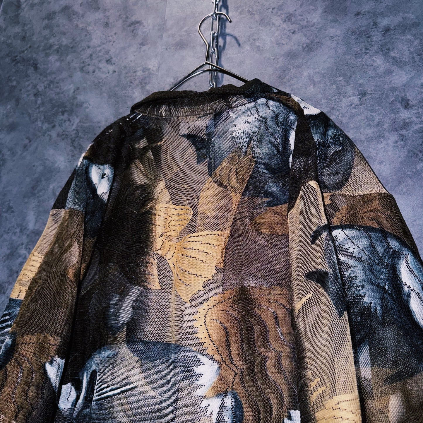 【doppio】vintage fishes print design open collar sheer shirt