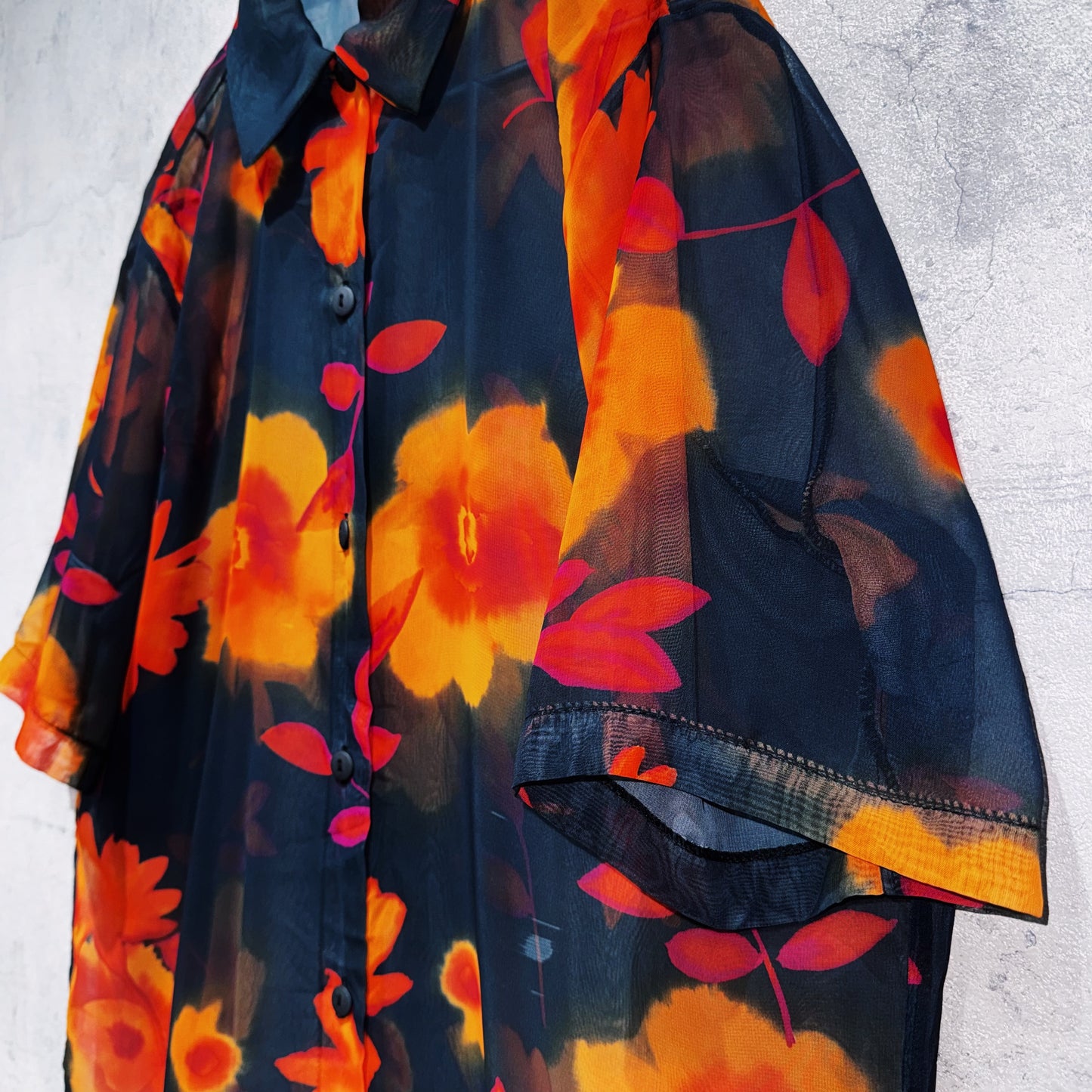 vintage flower pattern design short sleeve sheer shirt