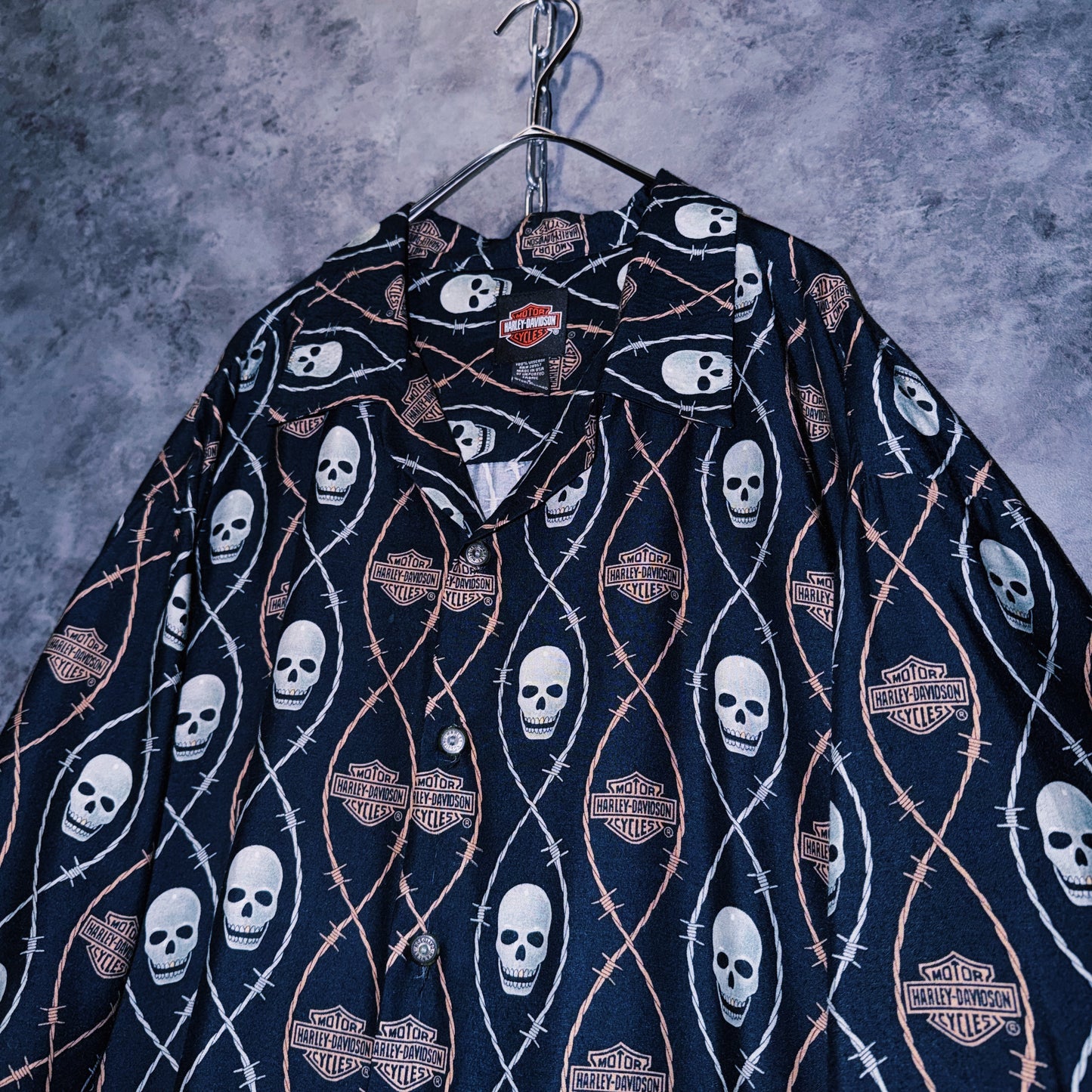 【doppio】vintage “Harley-Davidson” skull and spike print design open collar shirt