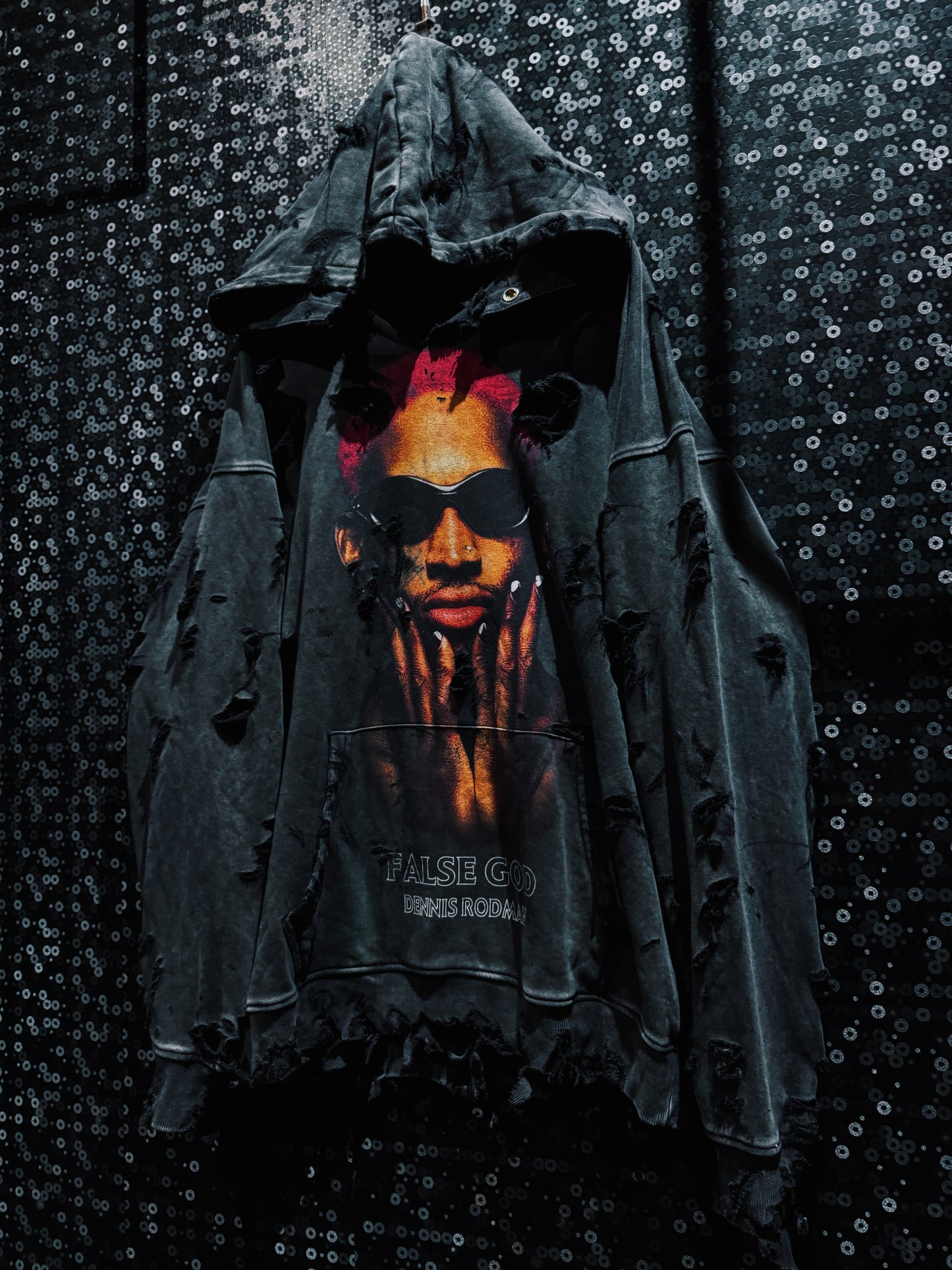 ￼【ÆIEM】original “boro” remake Dennis Rodman “FALSE GOD” Destroy Pullover hoodie