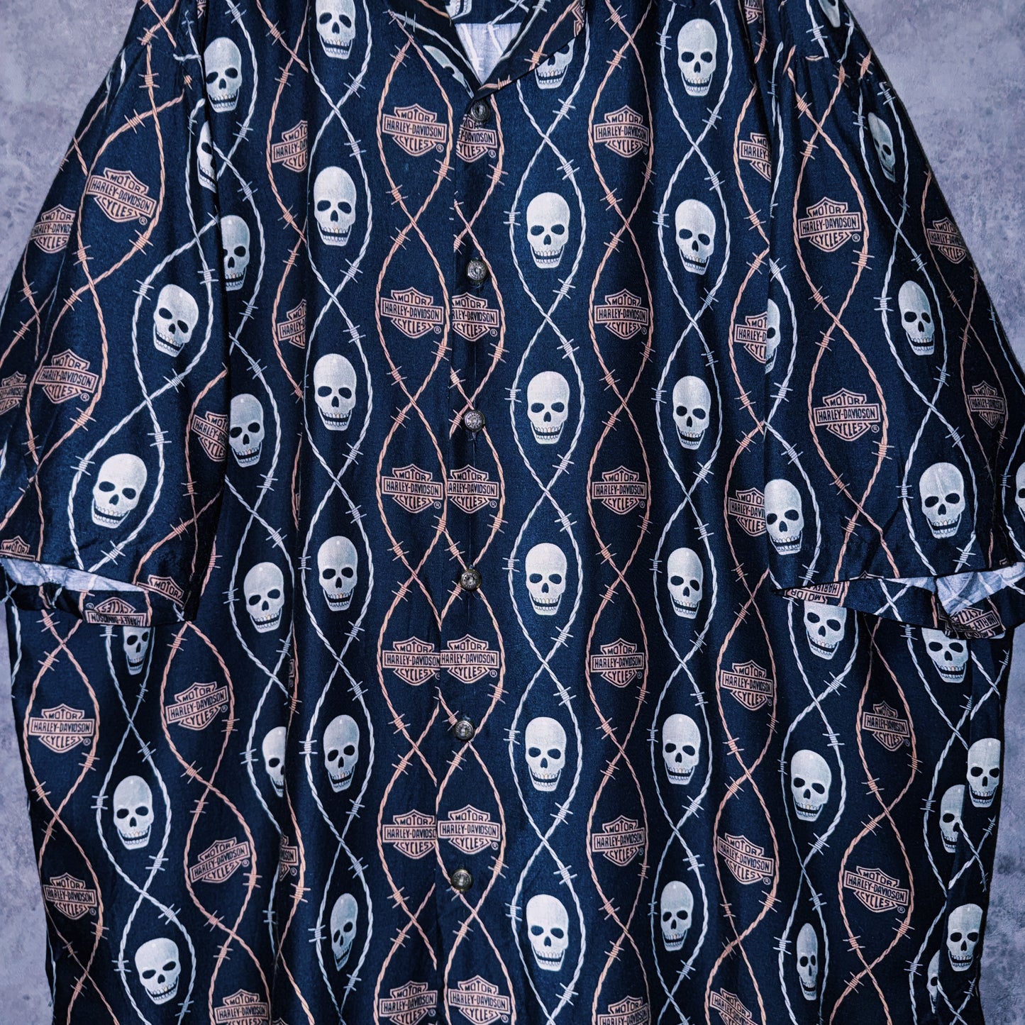 【doppio】vintage “Harley-Davidson” skull and spike print design open collar shirt