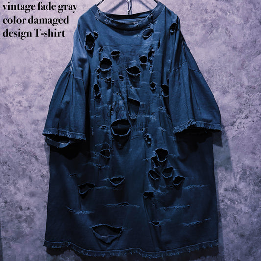 【doppio】vintage fade gray color damaged design T-shirt