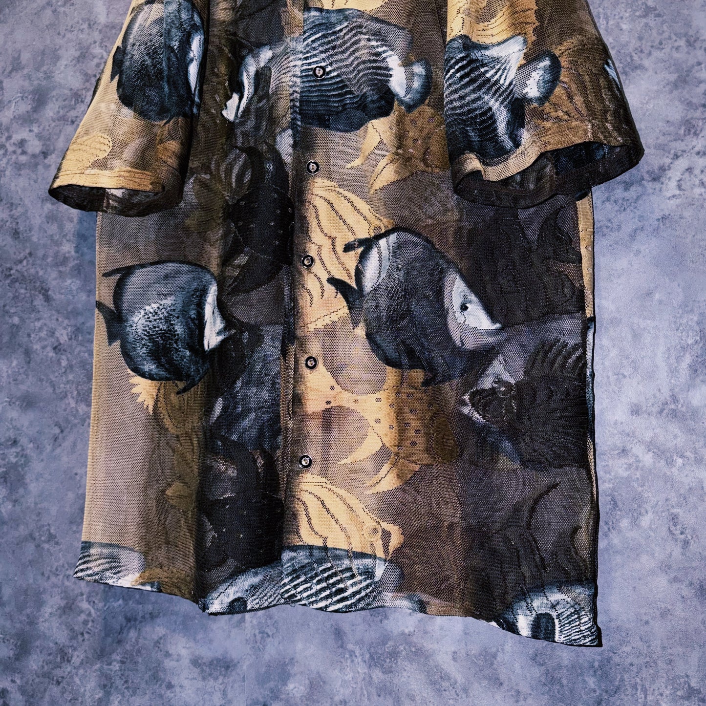【doppio】vintage fishes print design open collar sheer shirt