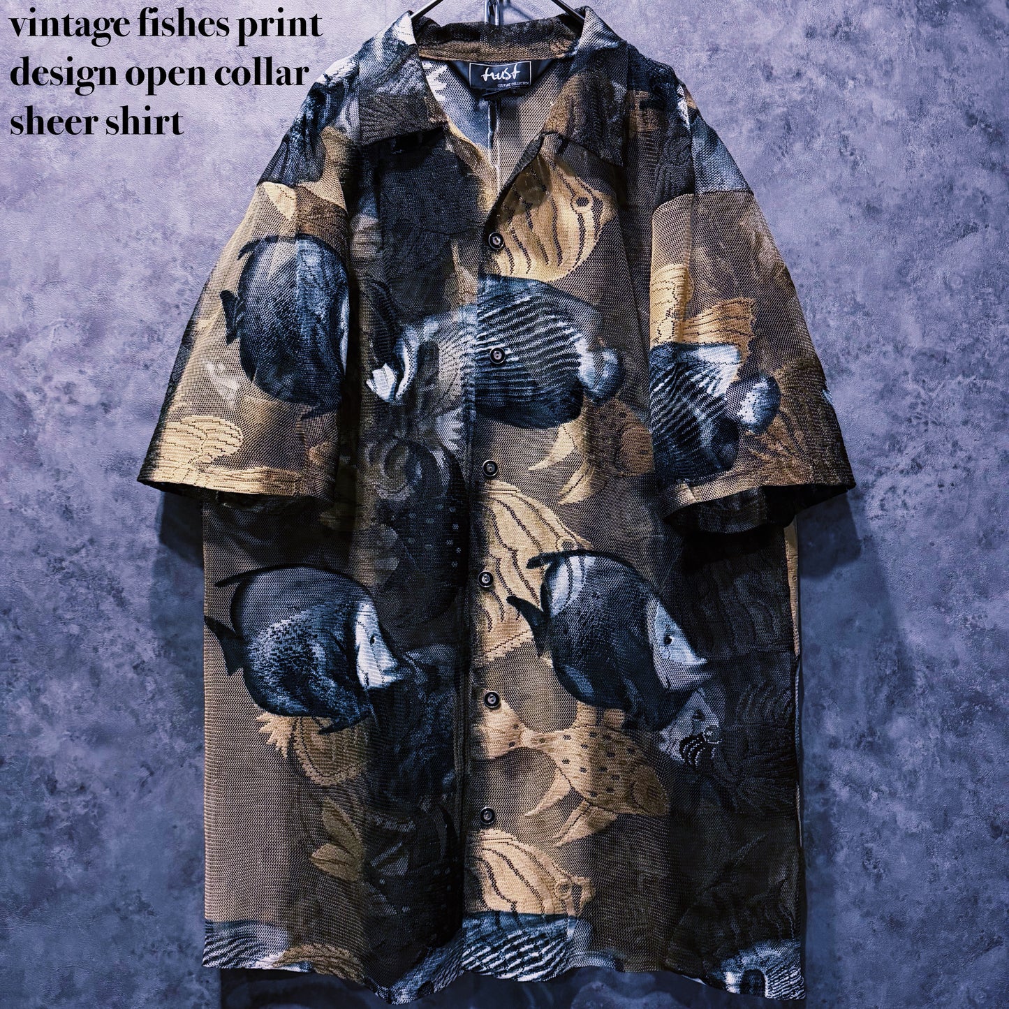 【doppio】vintage fishes print design open collar sheer shirt