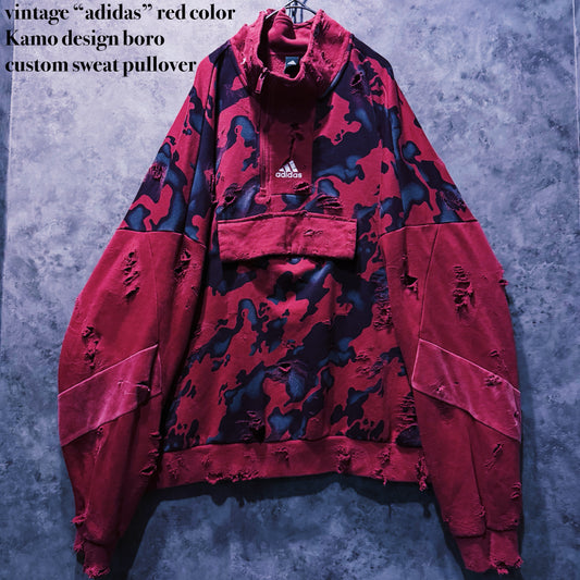 【doppio】vintage “adidas” red color Kamo design boro custom sweat pullover