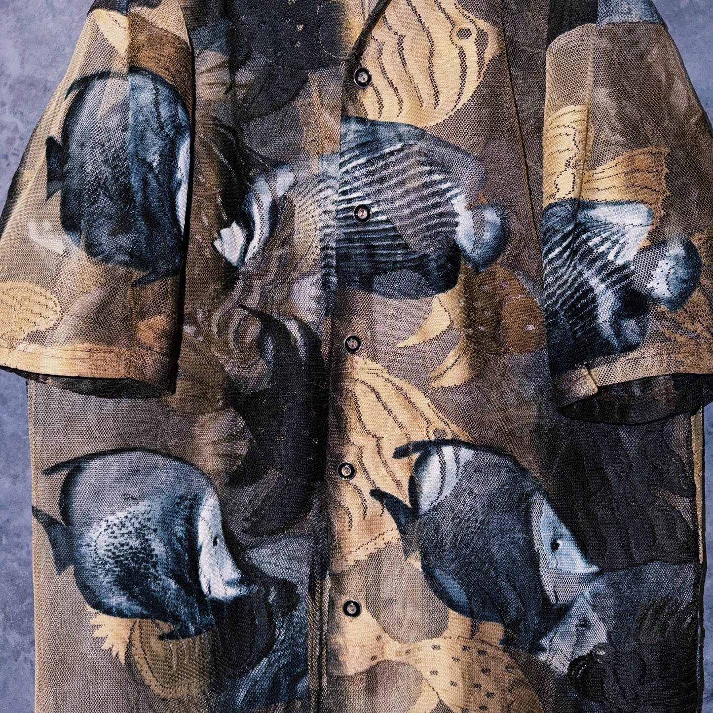 【doppio】vintage fishes print design open collar sheer shirt