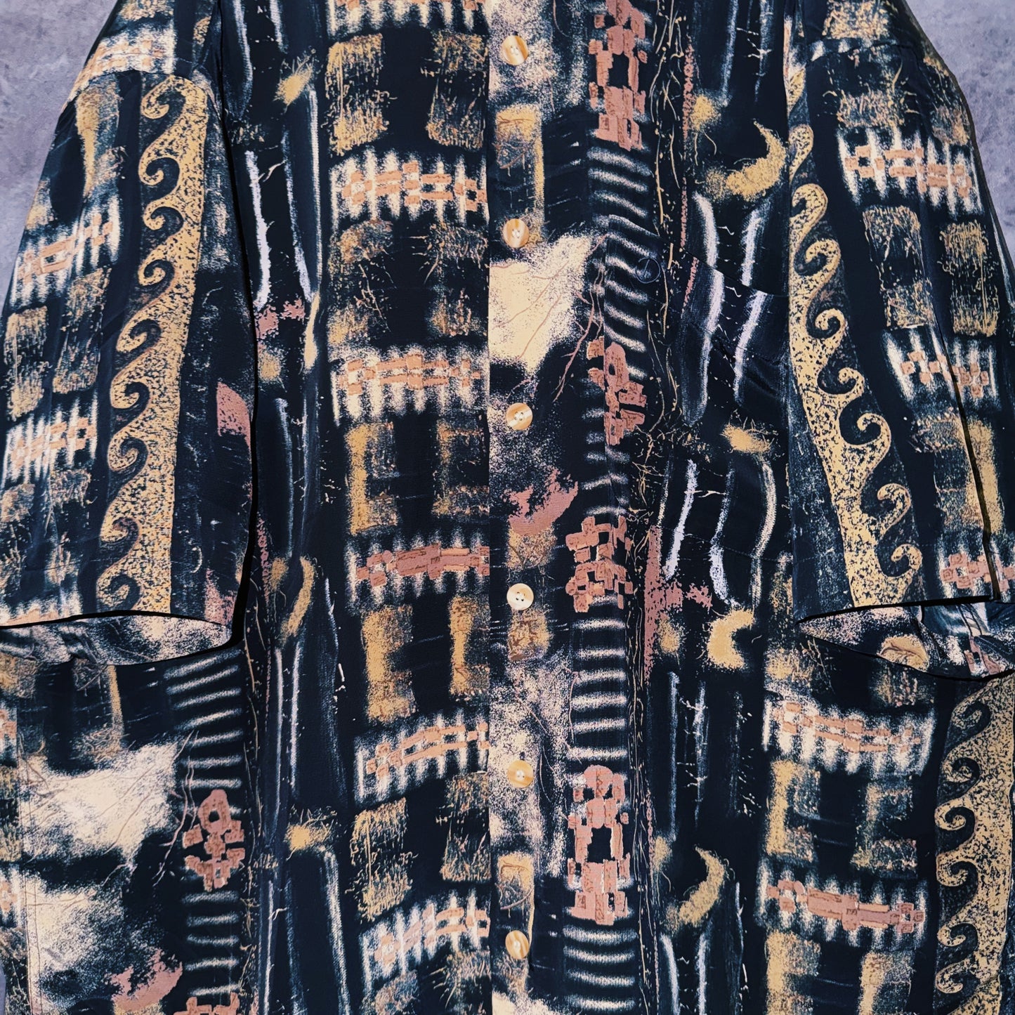 【doppio】vintage ethnic pattern print design open collar shirt