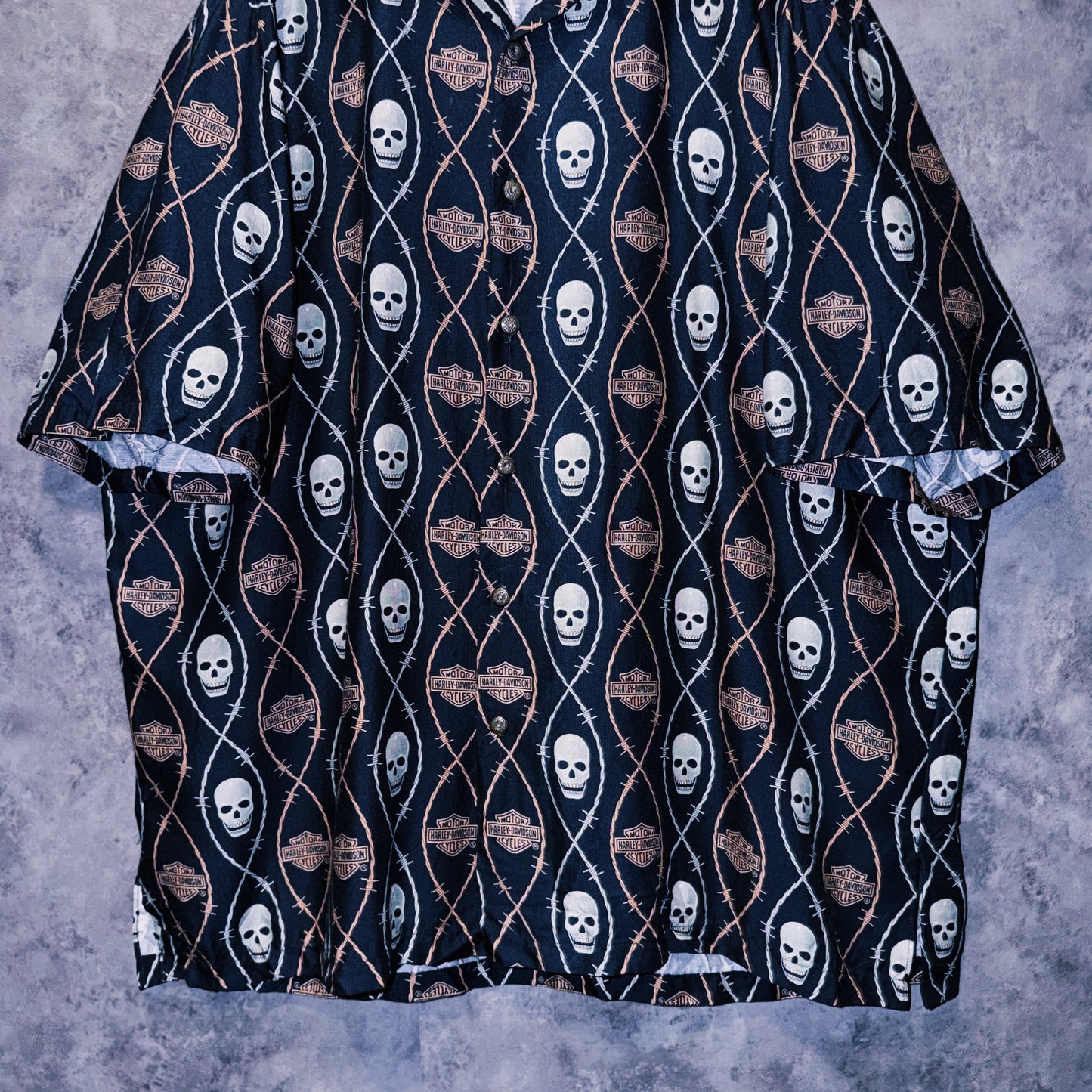 【doppio】vintage “Harley-Davidson” skull and spike print design open collar shirt