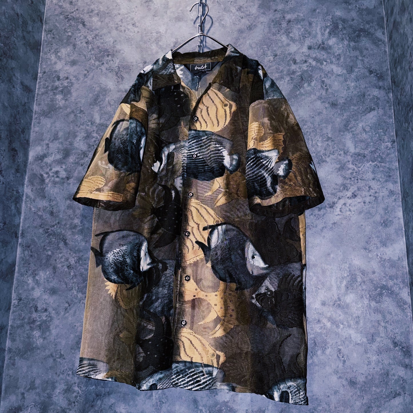 【doppio】vintage fishes print design open collar sheer shirt