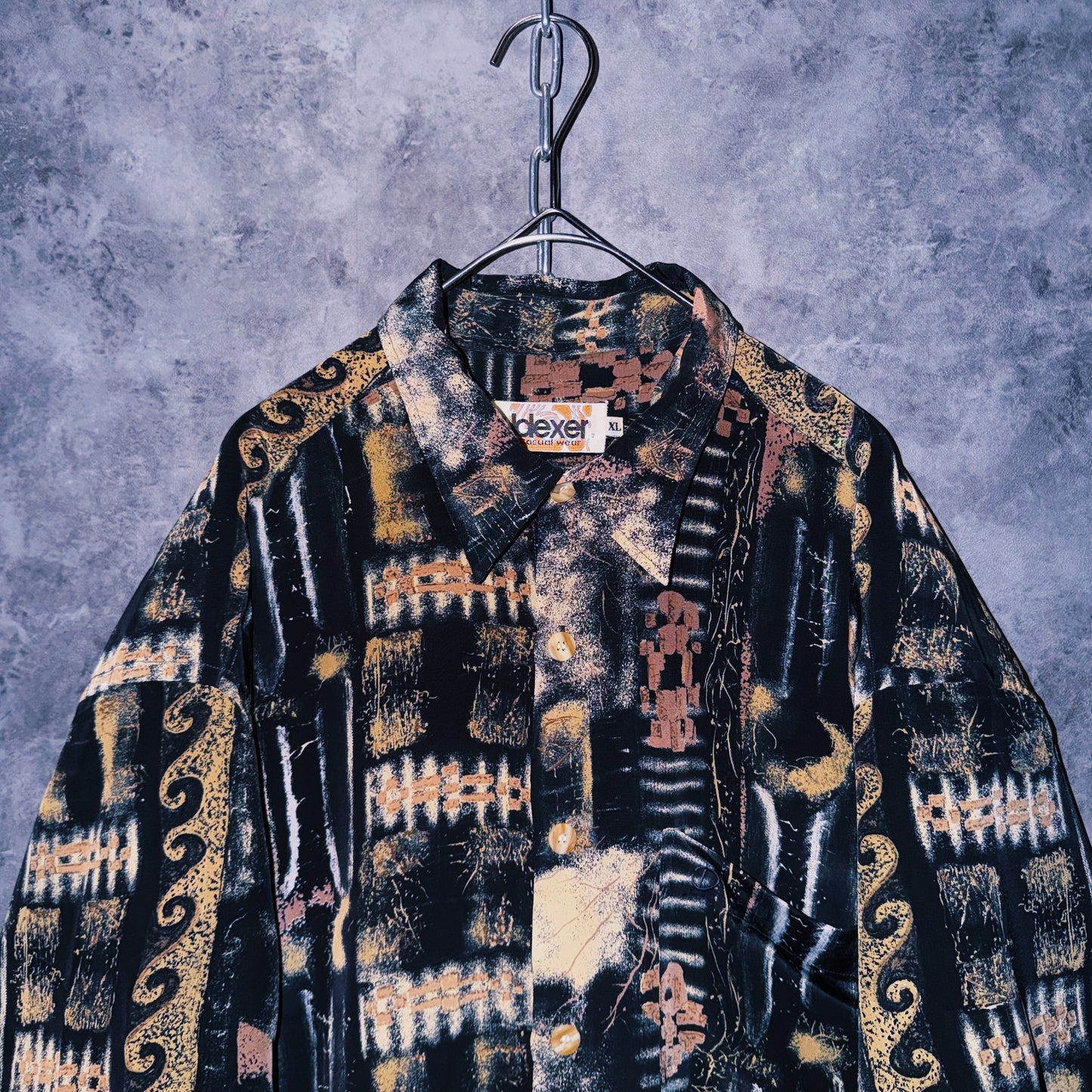 【doppio】vintage ethnic pattern print design open collar shirt