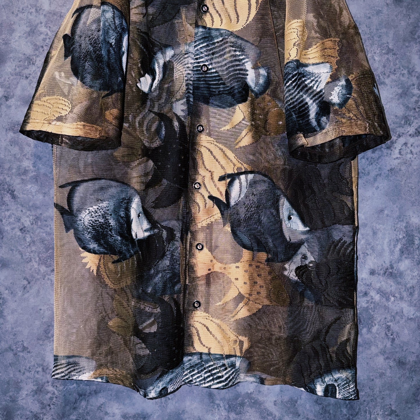 【doppio】vintage fishes print design open collar sheer shirt